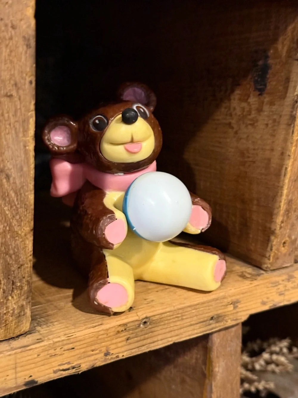 Vintage Brown and Pink Bear Toy Figure with Ball Cake Topper